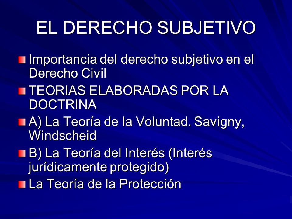 EL DERECHO SUBJETIVO Importancia del derecho subjetivo en el Derecho Civil. TEORIAS ELABORADAS POR LA DOCTRINA.