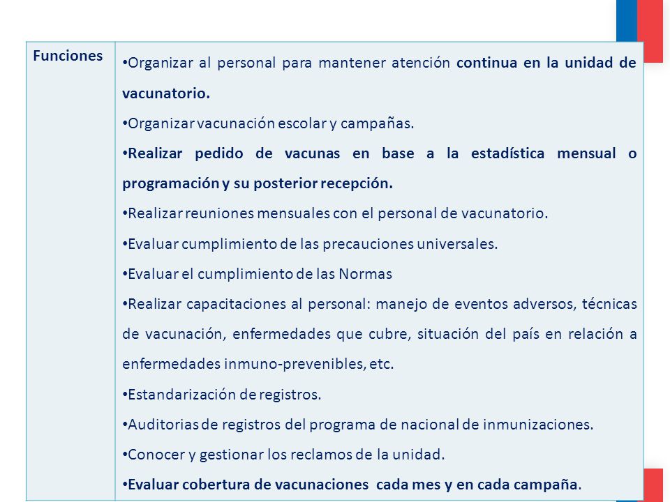 Funciones Organizar al personal para mantener atención continua en la unidad de vacunatorio. Organizar vacunación escolar y campañas.