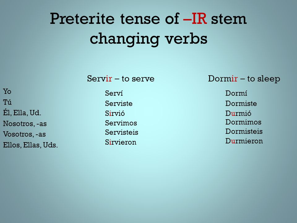 Preterite tense of -IR stem changing verbs.