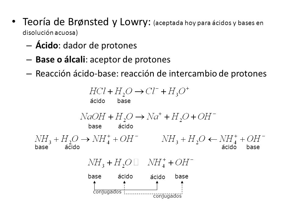 Teoría de Brønsted y Lowry: (aceptada hoy para ácidos y bases en disolución acuosa)