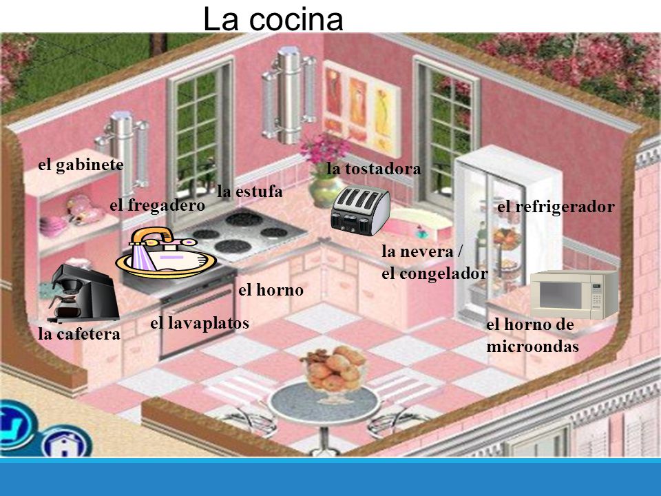 La cocina el gabinete la tostadora la estufa el fregadero