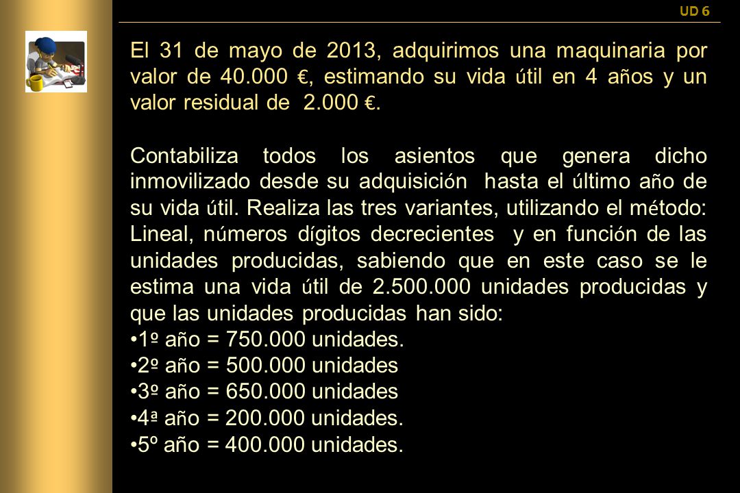 UD 6 El 31 de mayo de 2013, adquirimos una maquinaria por valor de €, estimando su vida útil en 4 años y un valor residual de €.