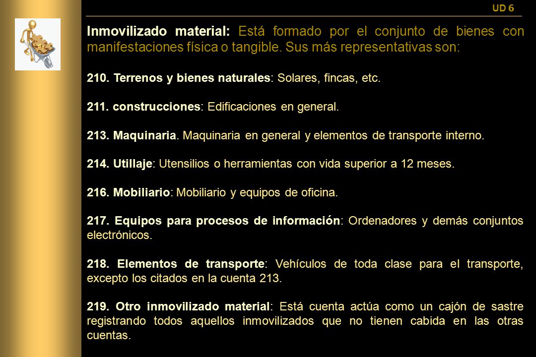 UD 6 Inmovilizado material: Está formado por el conjunto de bienes con manifestaciones física o tangible. Sus más representativas son: