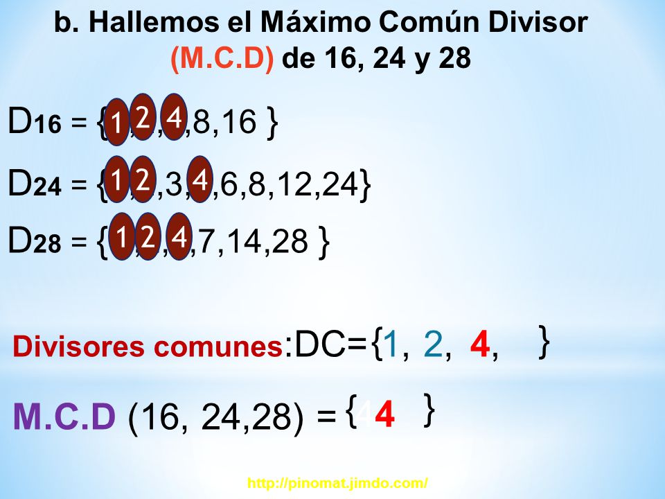 b. Hallemos el Máximo Común Divisor (M.C.D) de 16, 24 y 28