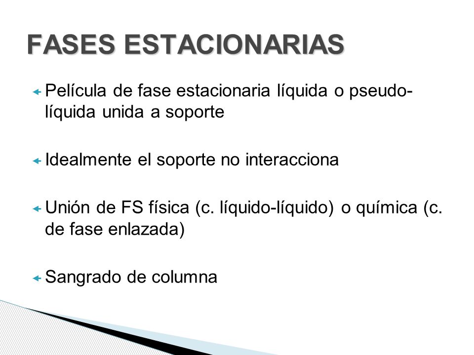 FASES ESTACIONARIAS Película de fase estacionaria líquida o pseudo- líquida unida a soporte. Idealmente el soporte no interacciona.