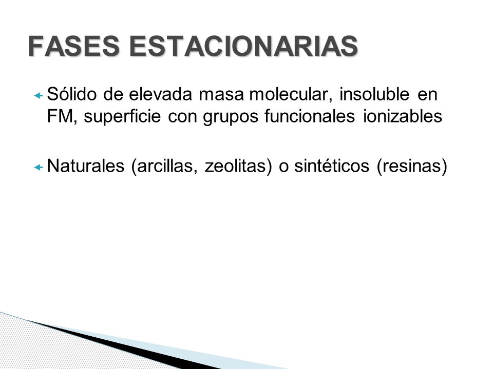 FASES ESTACIONARIAS Sólido de elevada masa molecular, insoluble en FM, superficie con grupos funcionales ionizables.