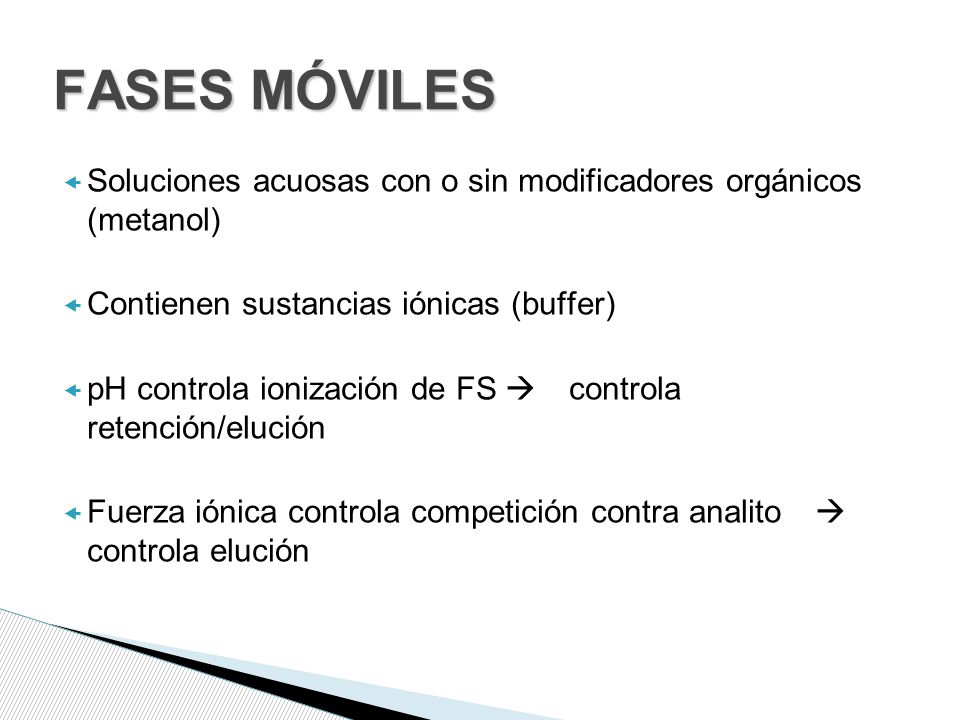 FASES MÓVILES Soluciones acuosas con o sin modificadores orgánicos (metanol) Contienen sustancias iónicas (buffer)