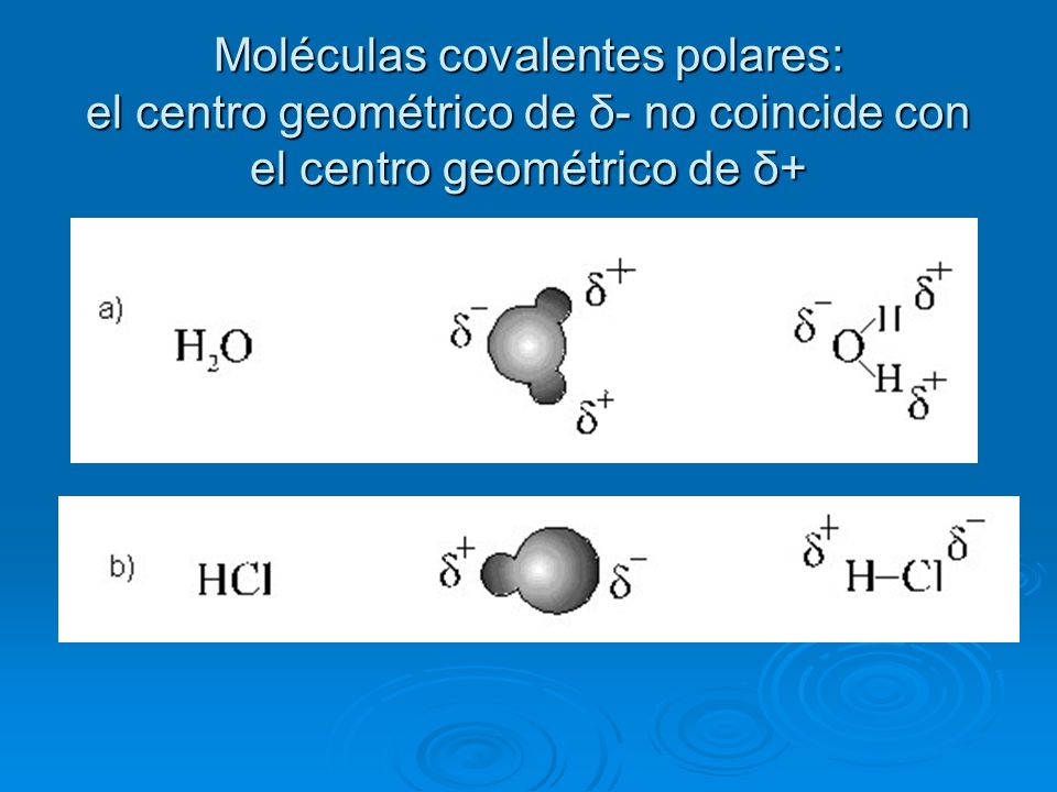 Moléculas covalentes polares: el centro geométrico de δ- no coincide con el centro geométrico de δ+