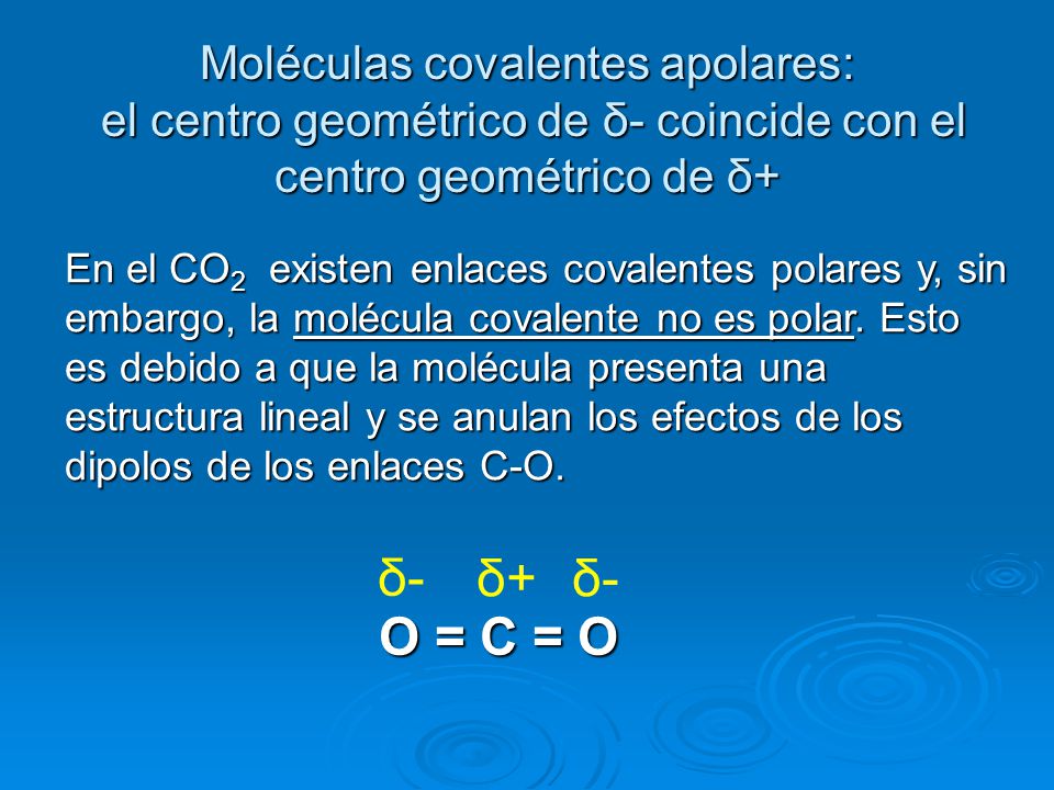 Moléculas covalentes apolares: el centro geométrico de δ- coincide con el centro geométrico de δ+