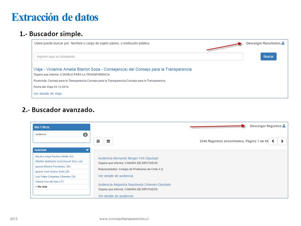 Extracción de datos 1.- Buscador simple. 2.- Buscador avanzado.