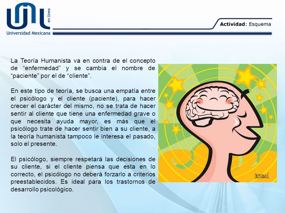 La Teoría Humanista va en contra de el concepto de enfermedad y se cambia el nombre de paciente por el de cliente .