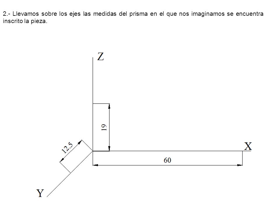 2.- Llevamos sobre los ejes las medidas del prisma en el que nos imaginamos se encuentra inscrito la pieza.