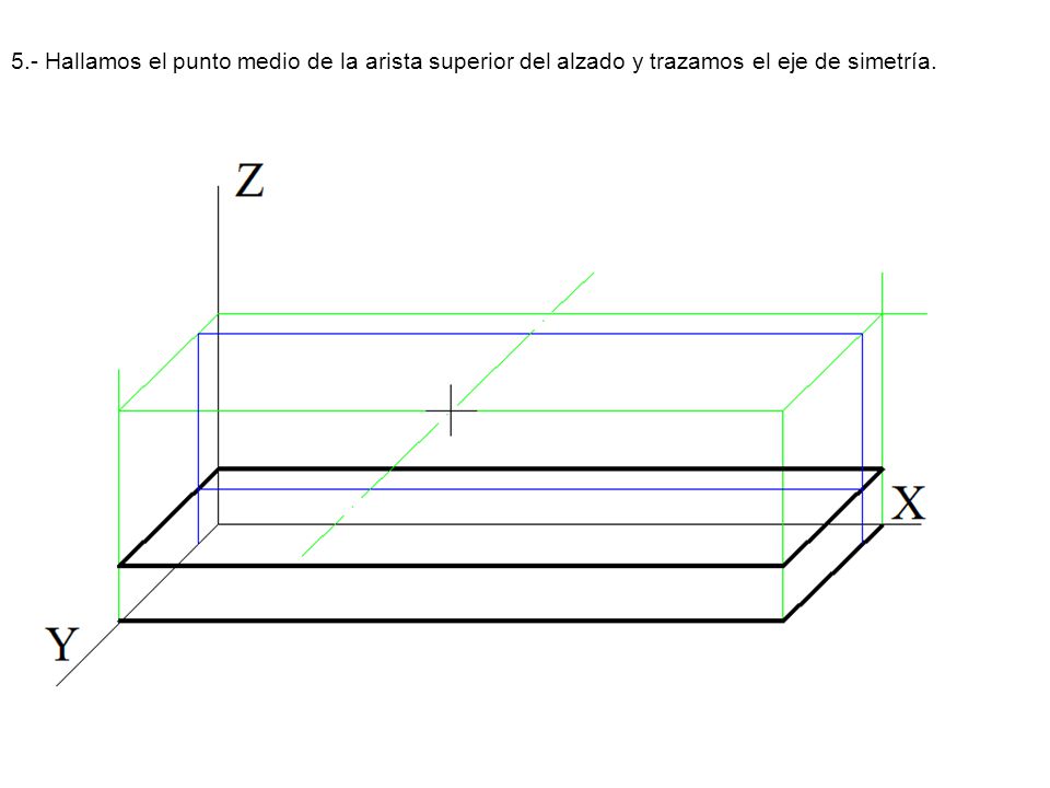 5.- Hallamos el punto medio de la arista superior del alzado y trazamos el eje de simetría.