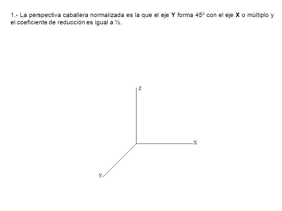 1.- La perspectiva caballera normalizada es la que el eje Y forma 45º con el eje X o múltiplo y el coeficiente de reducción es igual a ½.