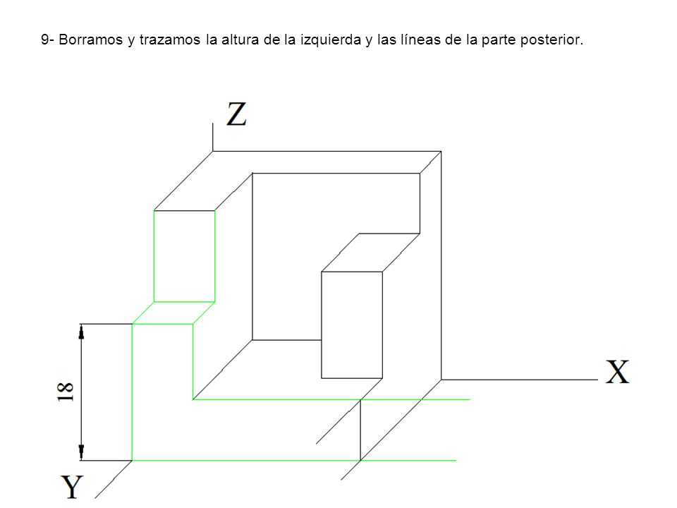 9- Borramos y trazamos la altura de la izquierda y las líneas de la parte posterior.