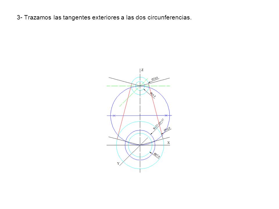 3- Trazamos las tangentes exteriores a las dos circunferencias.