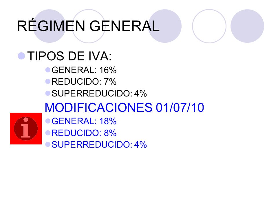RÉGIMEN GENERAL TIPOS DE IVA: MODIFICACIONES 01/07/10 GENERAL: 16%