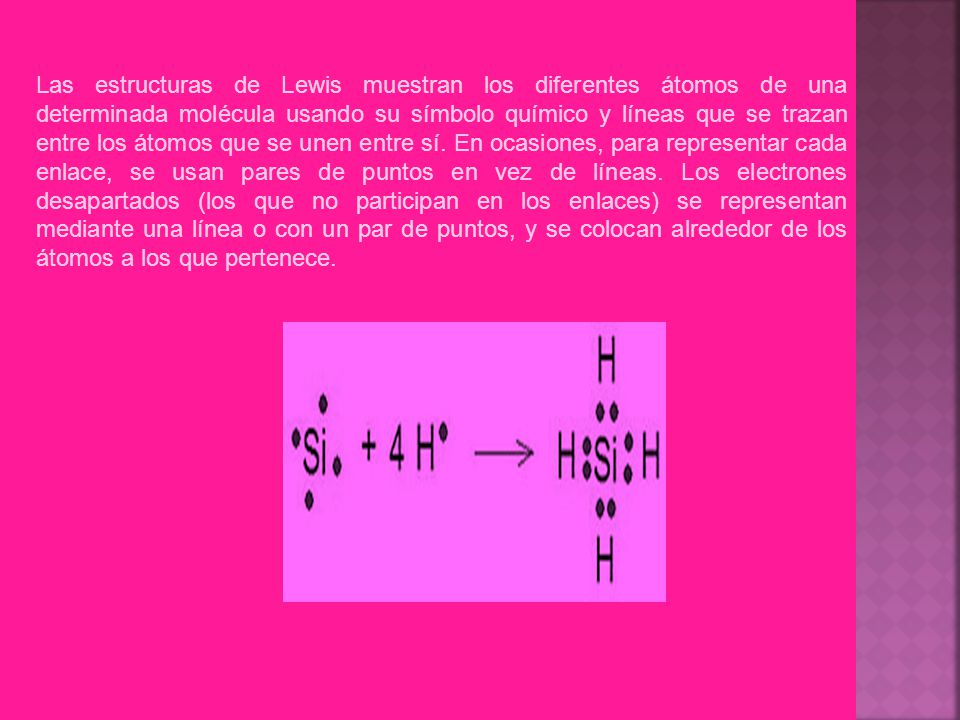 Las estructuras de Lewis muestran los diferentes átomos de una determinada molécula usando su símbolo químico y líneas que se trazan entre los átomos que se unen entre sí.