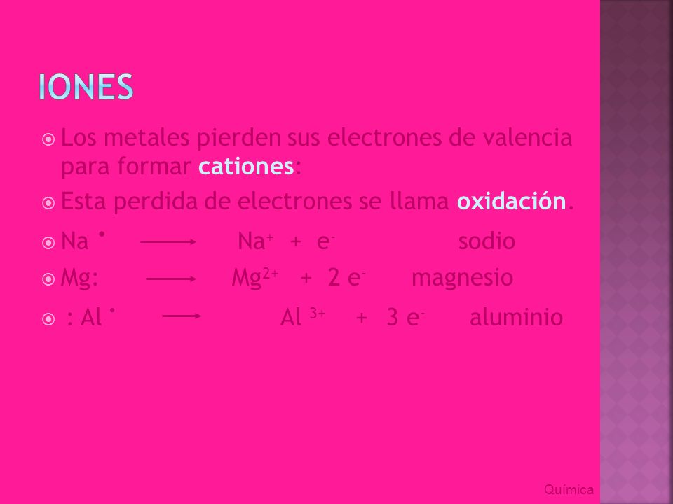 Iones Los metales pierden sus electrones de valencia para formar cationes: Esta perdida de electrones se llama oxidación.