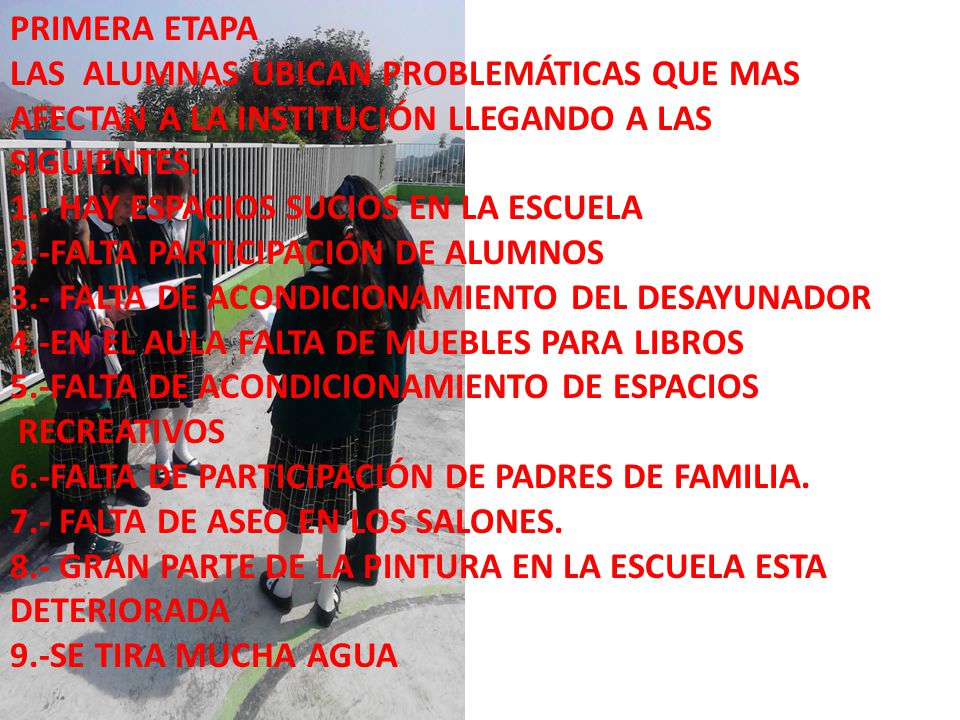 PRIMERA ETAPA LAS ALUMNAS UBICAN PROBLEMÁTICAS QUE MAS. AFECTAN A LA INSTITUCIÓN LLEGANDO A LAS. SIGUIENTES.