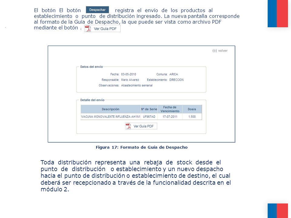 El botón El botón registra el envío de los productos al establecimiento o punto de distribución ingresado. La nueva pantalla corresponde al formato de la Guía de Despacho, la que puede ser vista como archivo PDF mediante el botón .