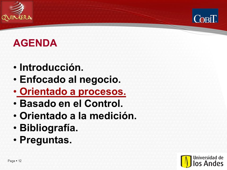 AGENDA Introducción. Enfocado al negocio. Orientado a procesos. Basado en el Control. Orientado a la medición.