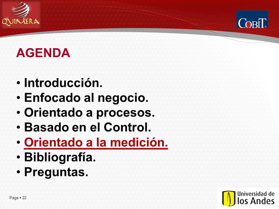 AGENDA Introducción. Enfocado al negocio. Orientado a procesos. Basado en el Control. Orientado a la medición.