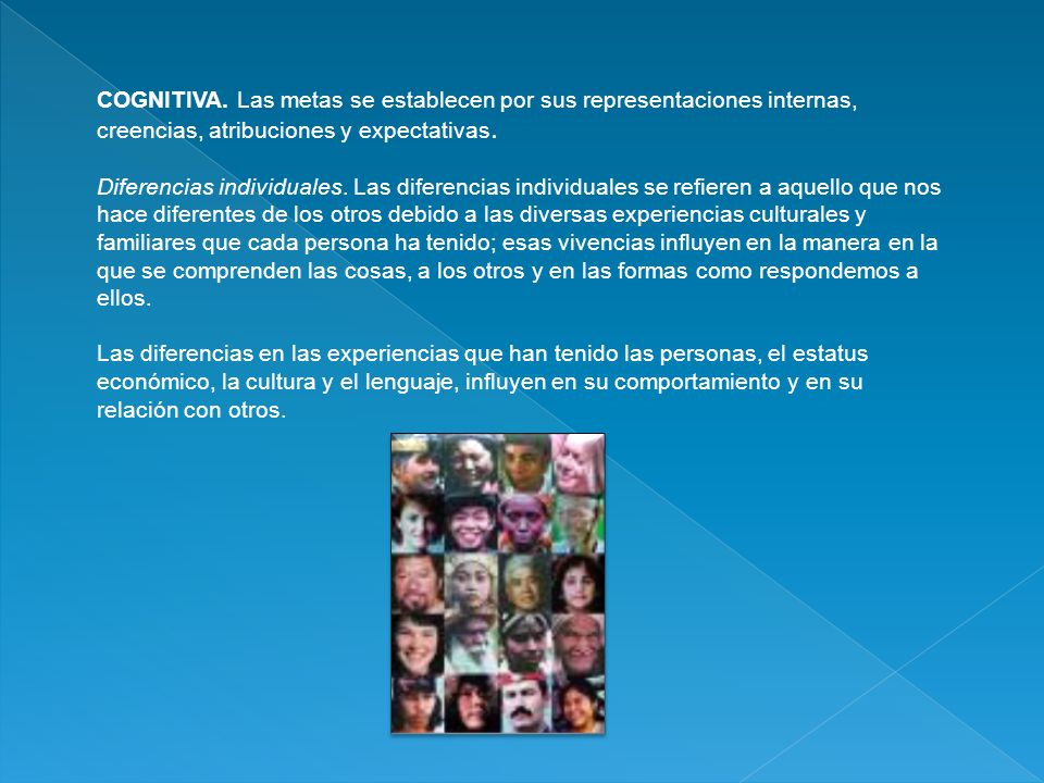 COGNITIVA. Las metas se establecen por sus representaciones internas, creencias, atribuciones y expectativas.