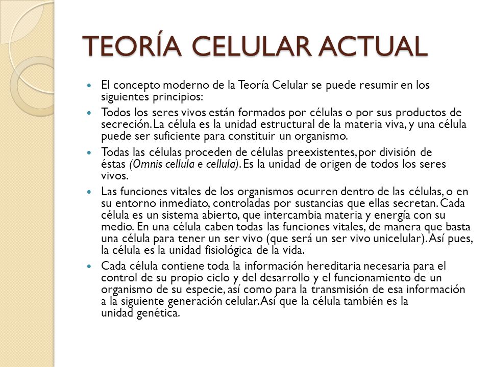 TEORÍA CELULAR ACTUAL El concepto moderno de la Teoría Celular se puede resumir en los siguientes principios: