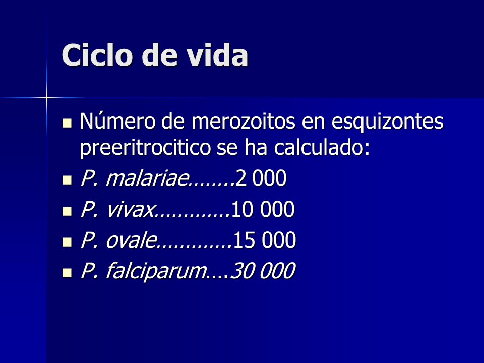 Ciclo de vida Número de merozoitos en esquizontes preeritrocitico se ha calculado: P. malariae……