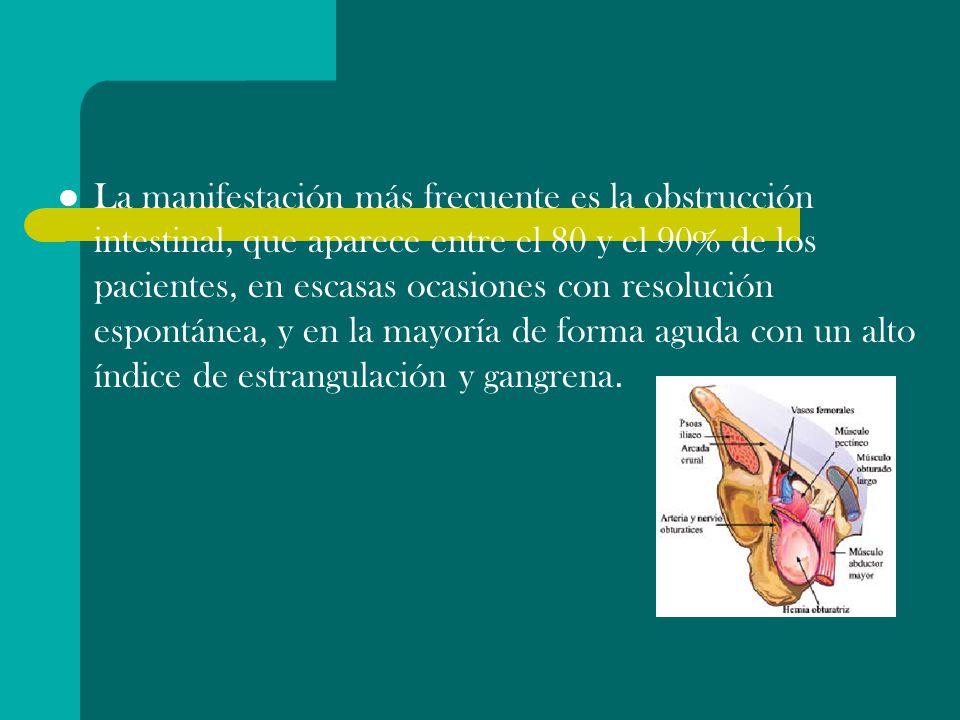 La manifestación más frecuente es la obstrucción intestinal, que aparece entre el 80 y el 90% de los pacientes, en escasas ocasiones con resolución espontánea, y en la mayoría de forma aguda con un alto índice de estrangulación y gangrena.