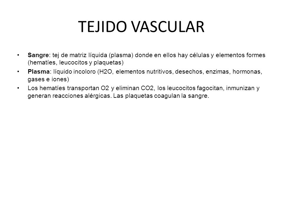 TEJIDO VASCULAR Sangre: tej de matriz líquida (plasma) donde en ellos hay células y elementos formes (hematíes, leucocitos y plaquetas)