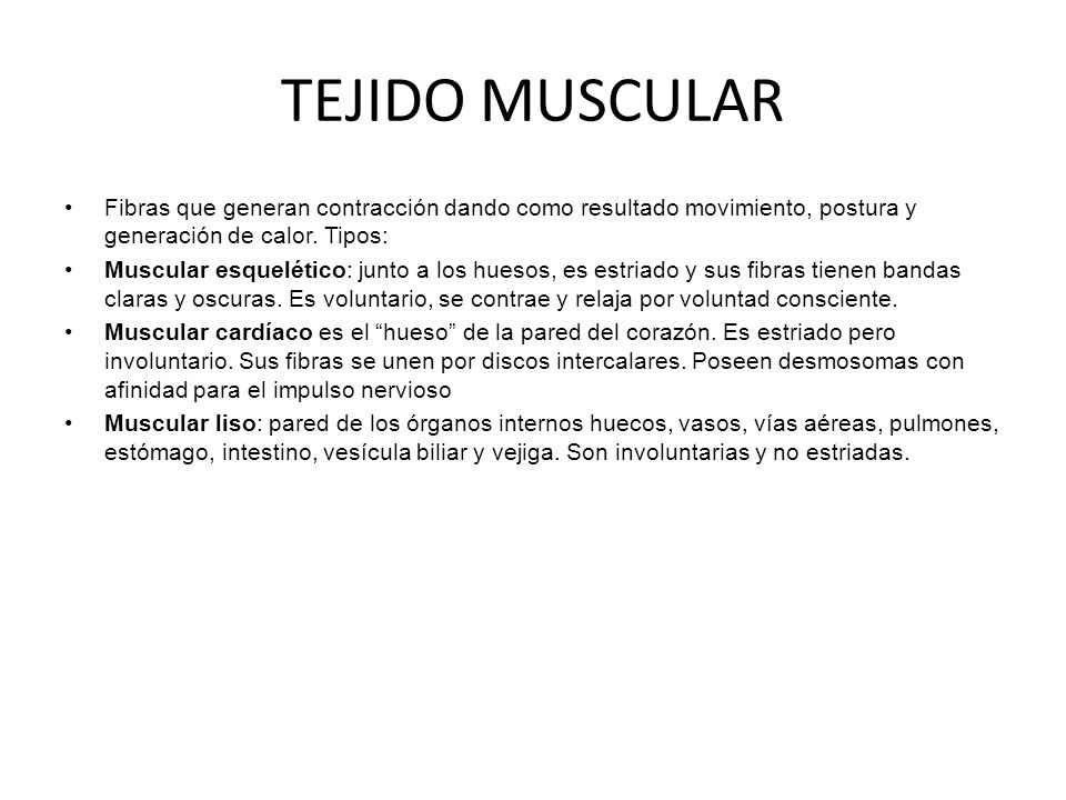 TEJIDO MUSCULAR Fibras que generan contracción dando como resultado movimiento, postura y generación de calor. Tipos:
