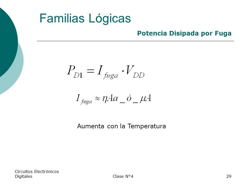 Familias Lógicas Potencia Disipada por Fuga Aumenta con la Temperatura