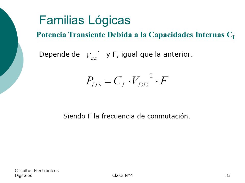 Familias Lógicas Potencia Transiente Debida a la Capacidades Internas CI. Depende de y F, igual que la anterior.