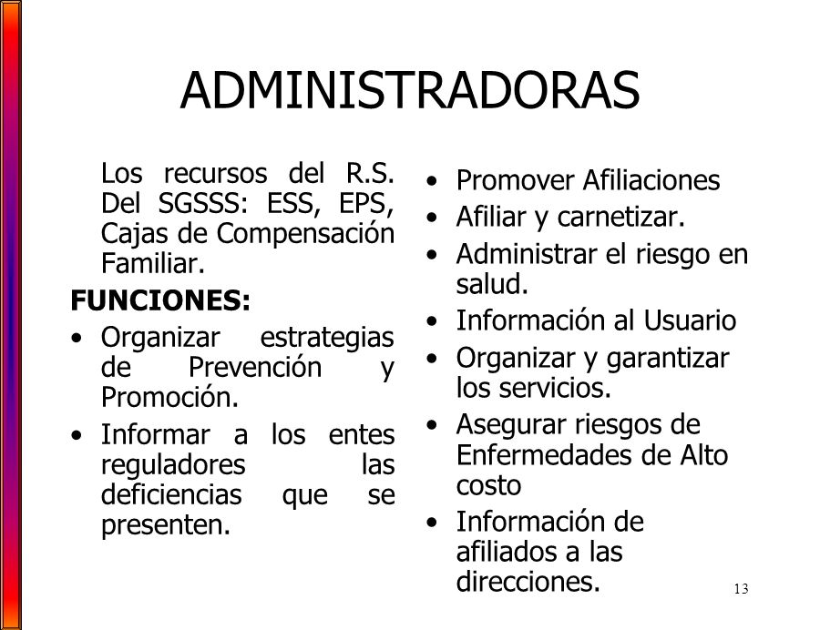 ADMINISTRADORAS Los recursos del R.S. Del SGSSS: ESS, EPS, Cajas de Compensación Familiar. FUNCIONES: