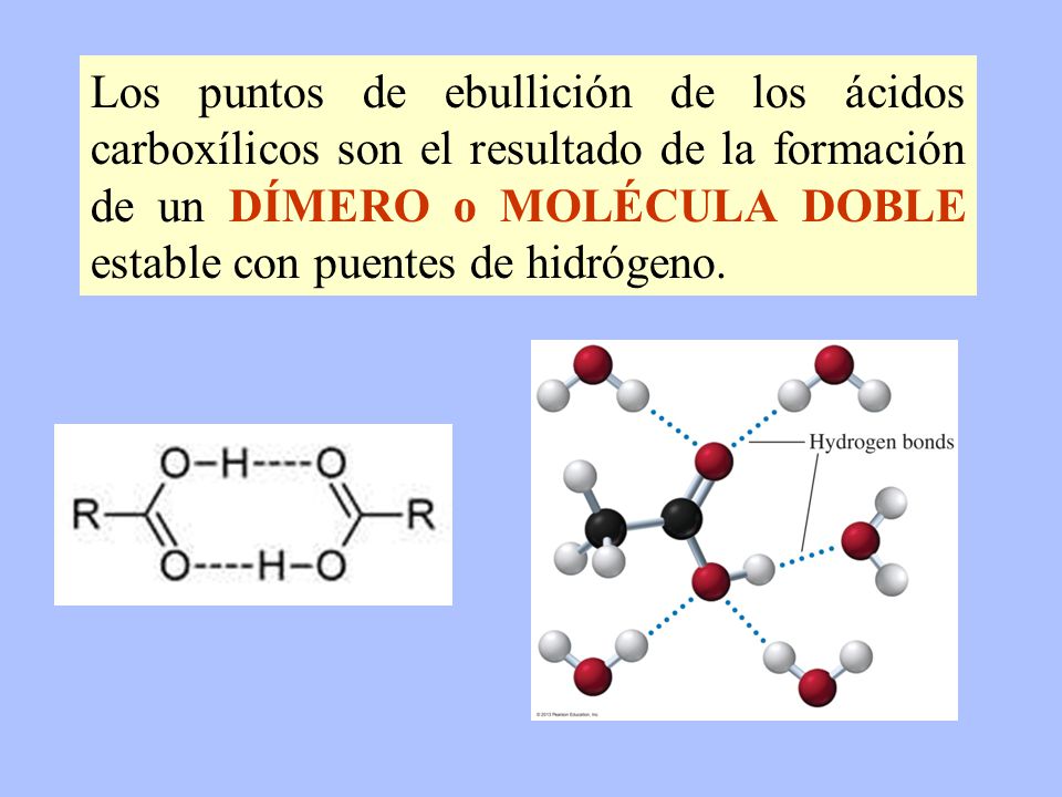 Los puntos de ebullición de los ácidos carboxílicos son el resultado de la formación de un DÍMERO o MOLÉCULA DOBLE estable con puentes de hidrógeno.