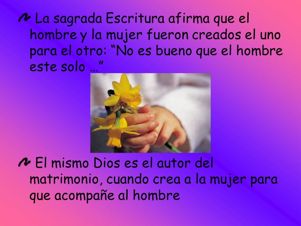 La sagrada Escritura afirma que el hombre y la mujer fueron creados el uno para el otro: No es bueno que el hombre este solo …