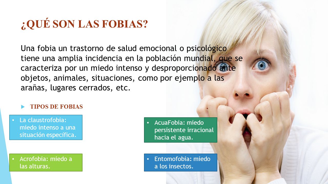¿QUÉ SON LAS FOBIAS Una fobia un trastorno de salud emocional o psicológico tiene una amplia incidencia en la población mundial, que se caracteriza por un miedo intenso y desproporcionado ante objetos, animales, situaciones, como por ejemplo a las arañas, lugares cerrados, etc.