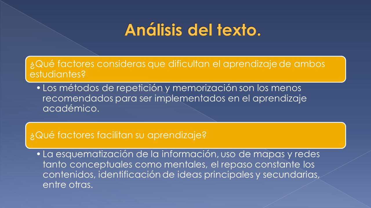 Análisis del texto. ¿Qué factores consideras que dificultan el aprendizaje de ambos estudiantes