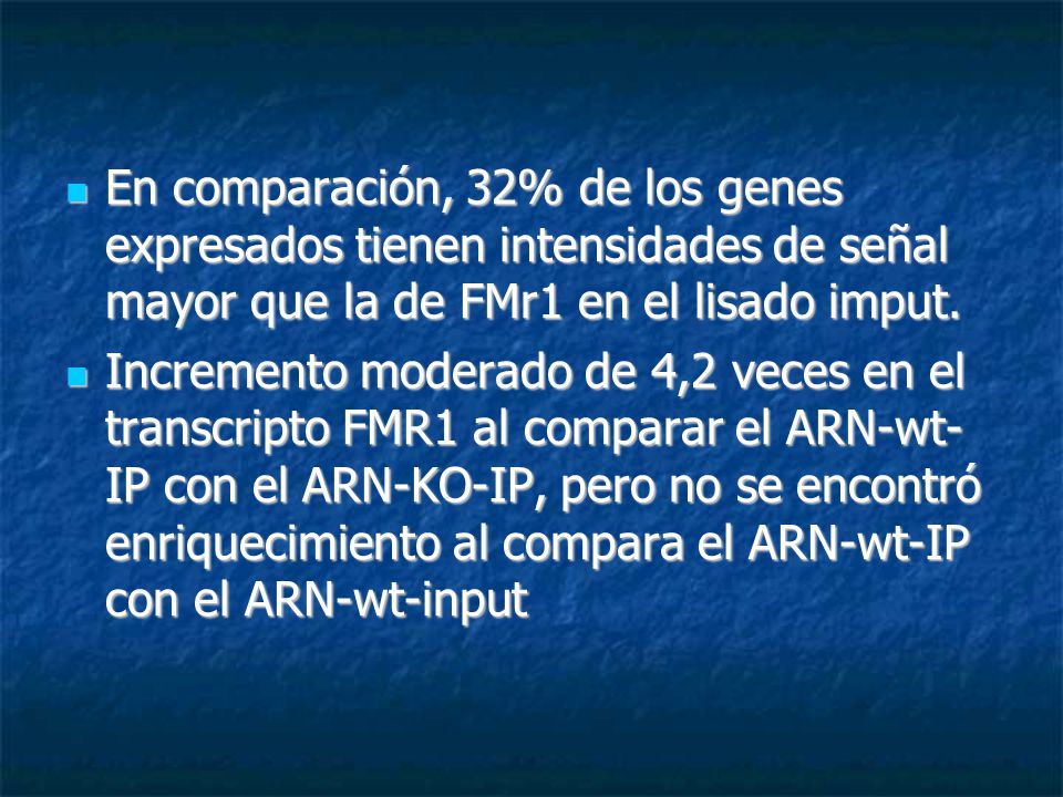 En comparación, 32% de los genes expresados tienen intensidades de señal mayor que la de FMr1 en el lisado imput.