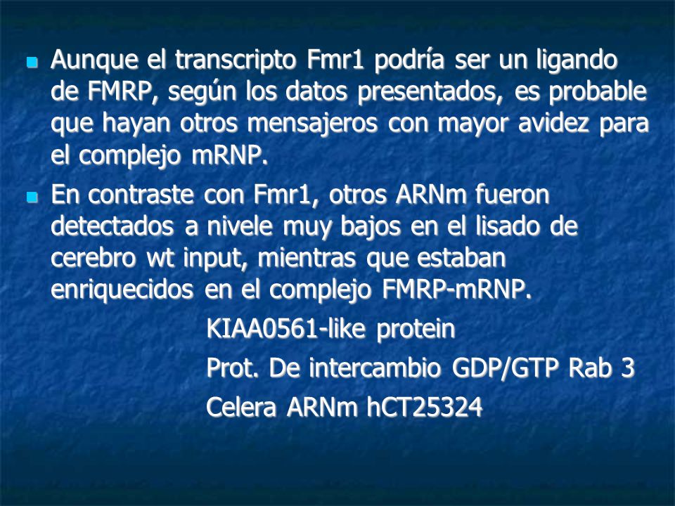 Aunque el transcripto Fmr1 podría ser un ligando de FMRP, según los datos presentados, es probable que hayan otros mensajeros con mayor avidez para el complejo mRNP.