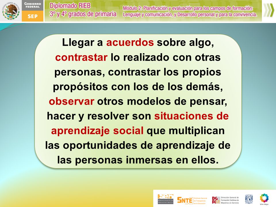 Llegar a acuerdos sobre algo, contrastar lo realizado con otras personas, contrastar los propios propósitos con los de los demás, observar otros modelos de pensar, hacer y resolver son situaciones de aprendizaje social que multiplican las oportunidades de aprendizaje de las personas inmersas en ellos.