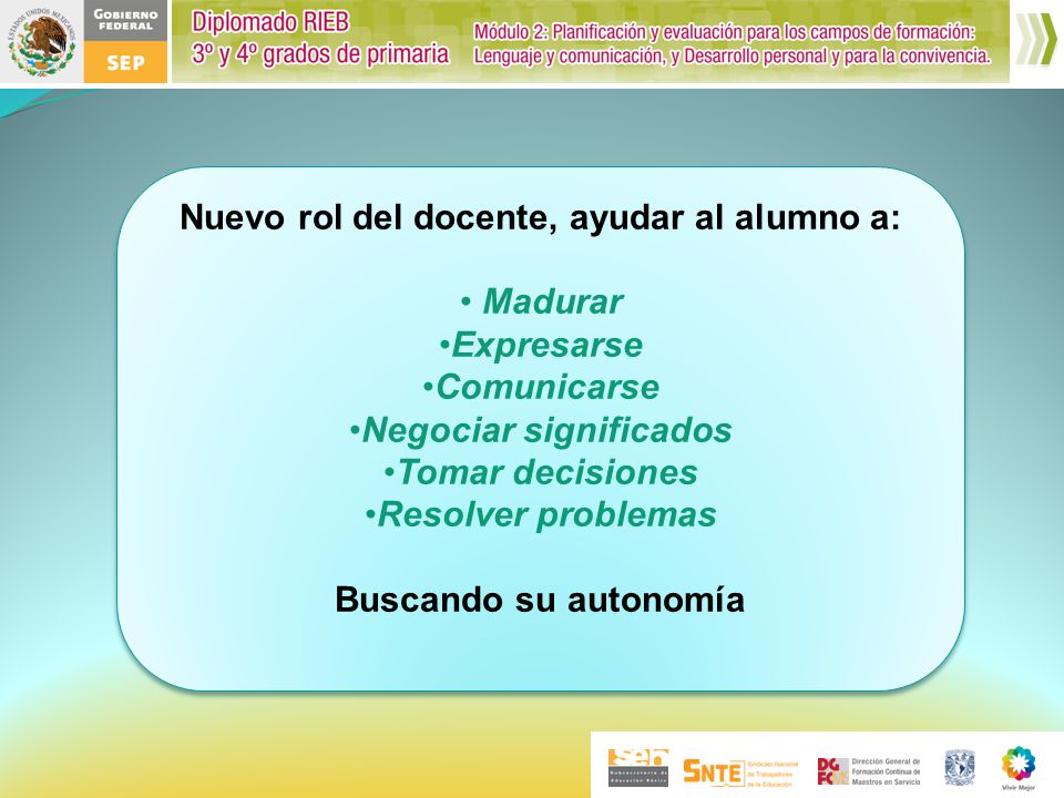 Nuevo rol del docente, ayudar al alumno a: Negociar significados