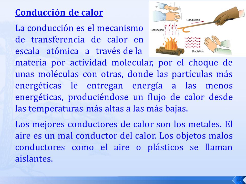Conducción de calor La conducción es el mecanismo de transferencia de calor en escala atómica a través de la.