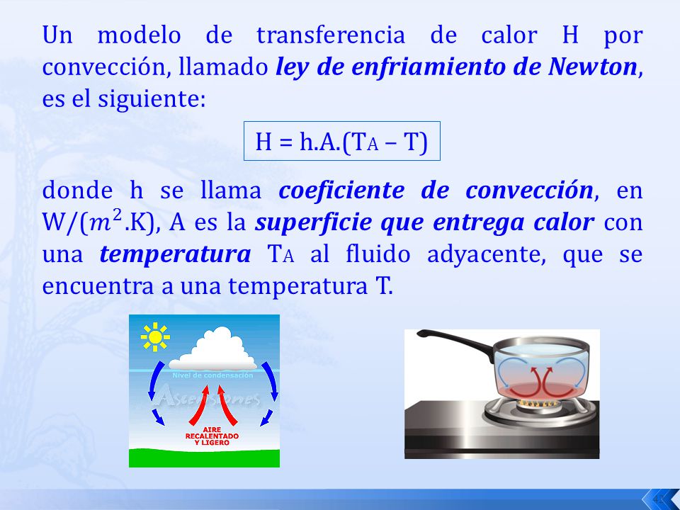 Un modelo de transferencia de calor H por convección, llamado ley de enfriamiento de Newton, es el siguiente: