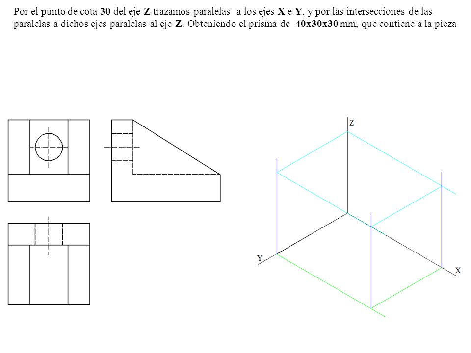 Por el punto de cota 30 del eje Z trazamos paralelas a los ejes X e Y, y por las intersecciones de las paralelas a dichos ejes paralelas al eje Z.