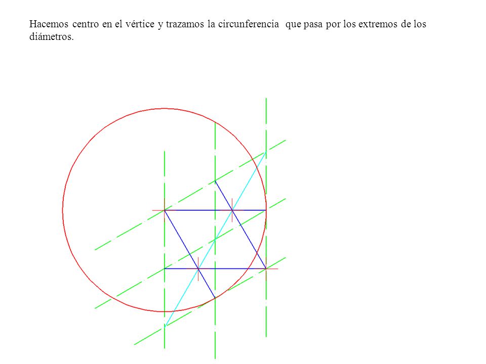 Hacemos centro en el vértice y trazamos la circunferencia que pasa por los extremos de los diámetros.