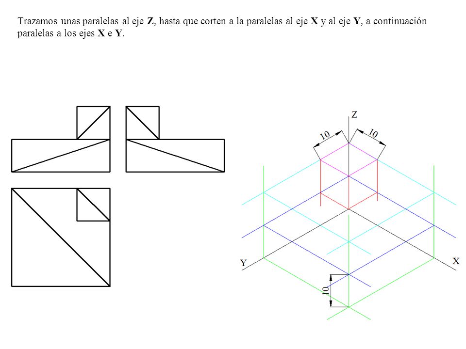 Trazamos unas paralelas al eje Z, hasta que corten a la paralelas al eje X y al eje Y, a continuación paralelas a los ejes X e Y.
