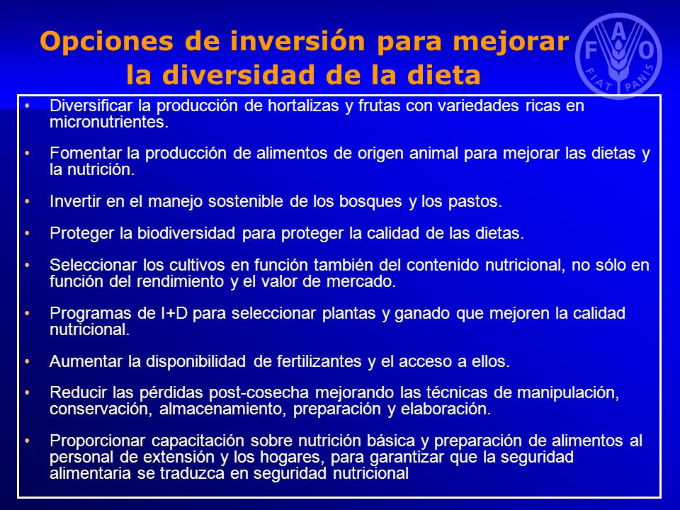 Opciones de inversión para mejorar la diversidad de la dieta